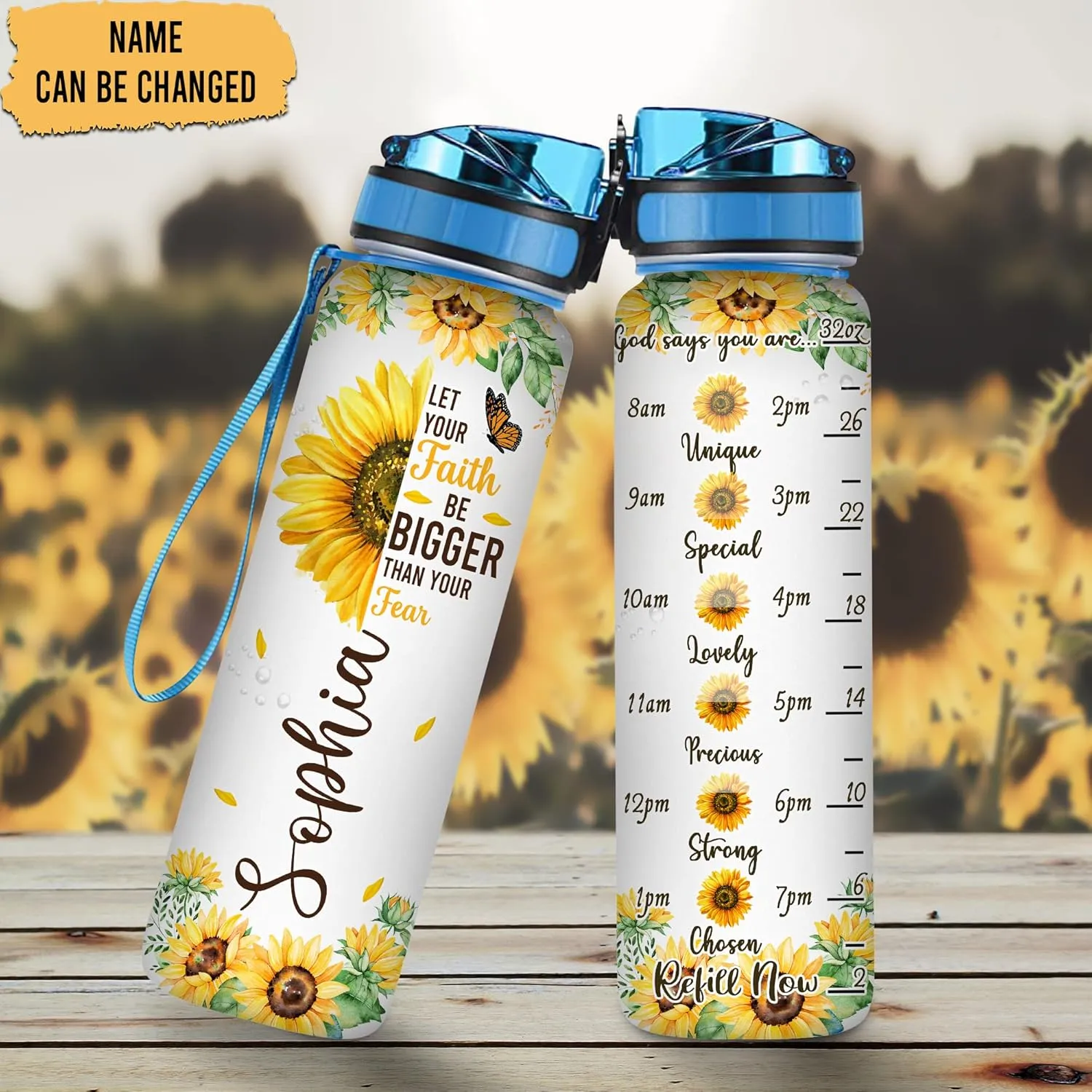 Hyturtle Personalized Let Your Faith Be Bigger Than Fear, God Say You Are 32oz Liter Motivational Water Bottle, Customized Name Sunflower Water Bottle, Gifts For Women Sunflower Lover On Birthday