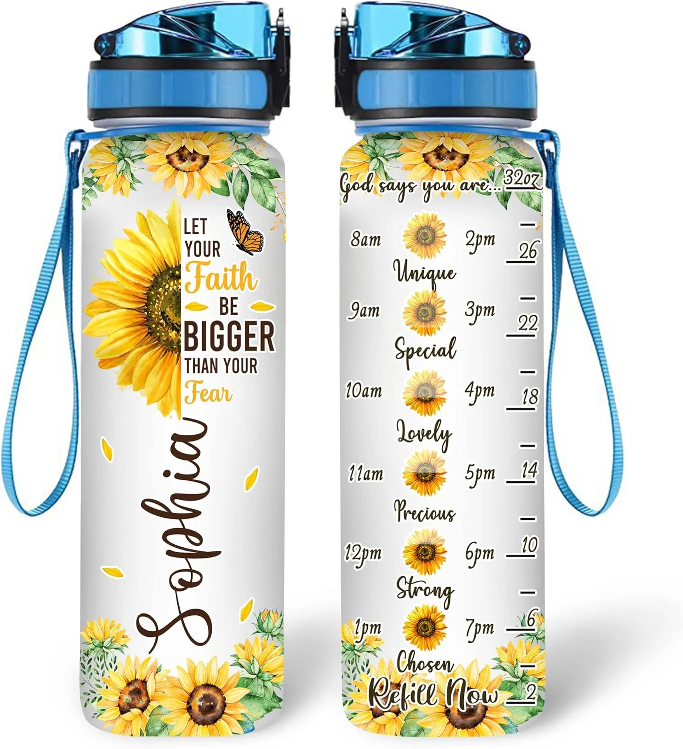 Hyturtle Personalized Let Your Faith Be Bigger Than Fear, God Say You Are 32oz Liter Motivational Water Bottle, Customized Name Sunflower Water Bottle, Gifts For Women Sunflower Lover On Birthday