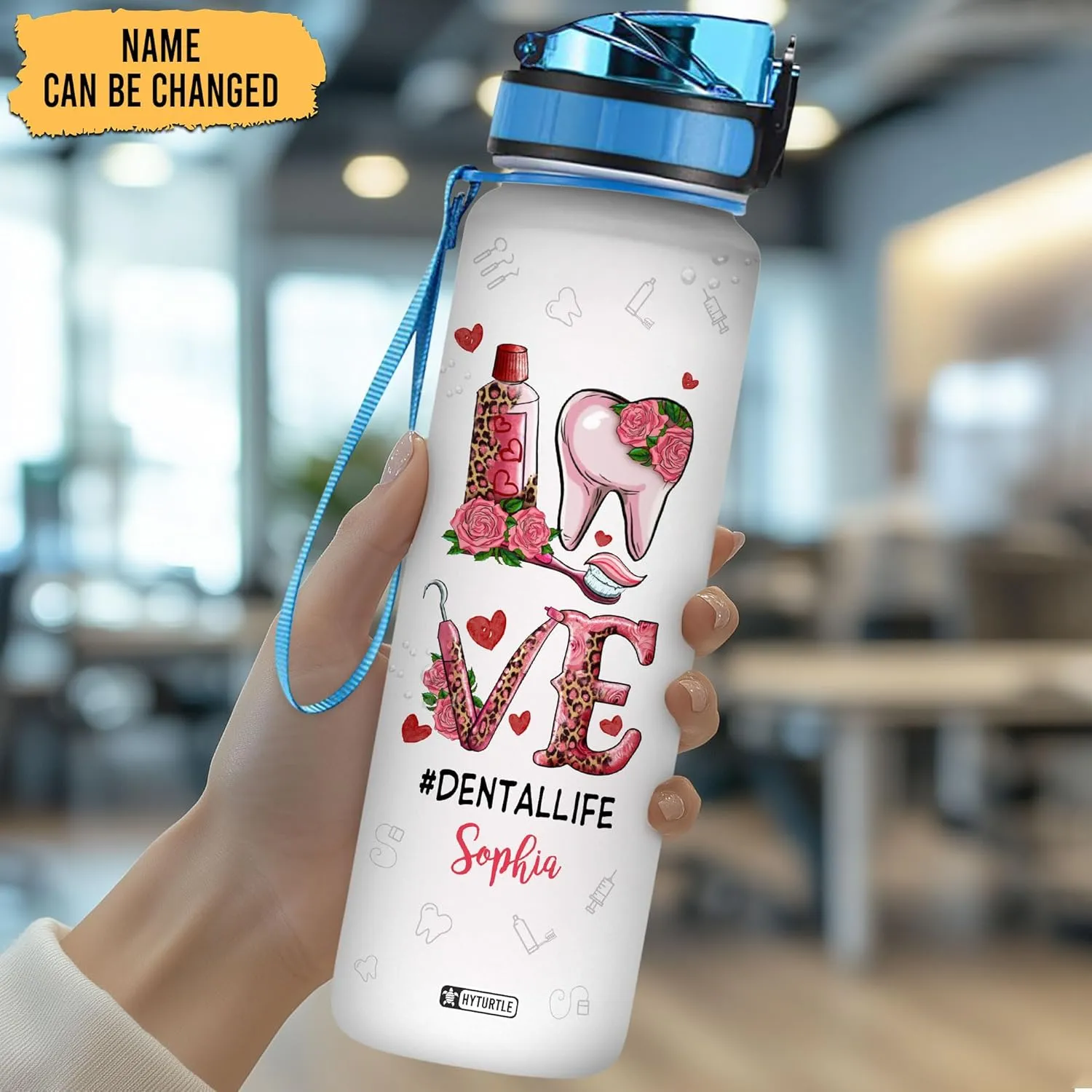 Hyturtle Personalized Love Dental Life Water Bottle - 32oz Motivational Water Bottle with Leak-Proof Lid Time Marker - Custom Name Gift for Dentists, Dental Hygienists On Birthday Christmas