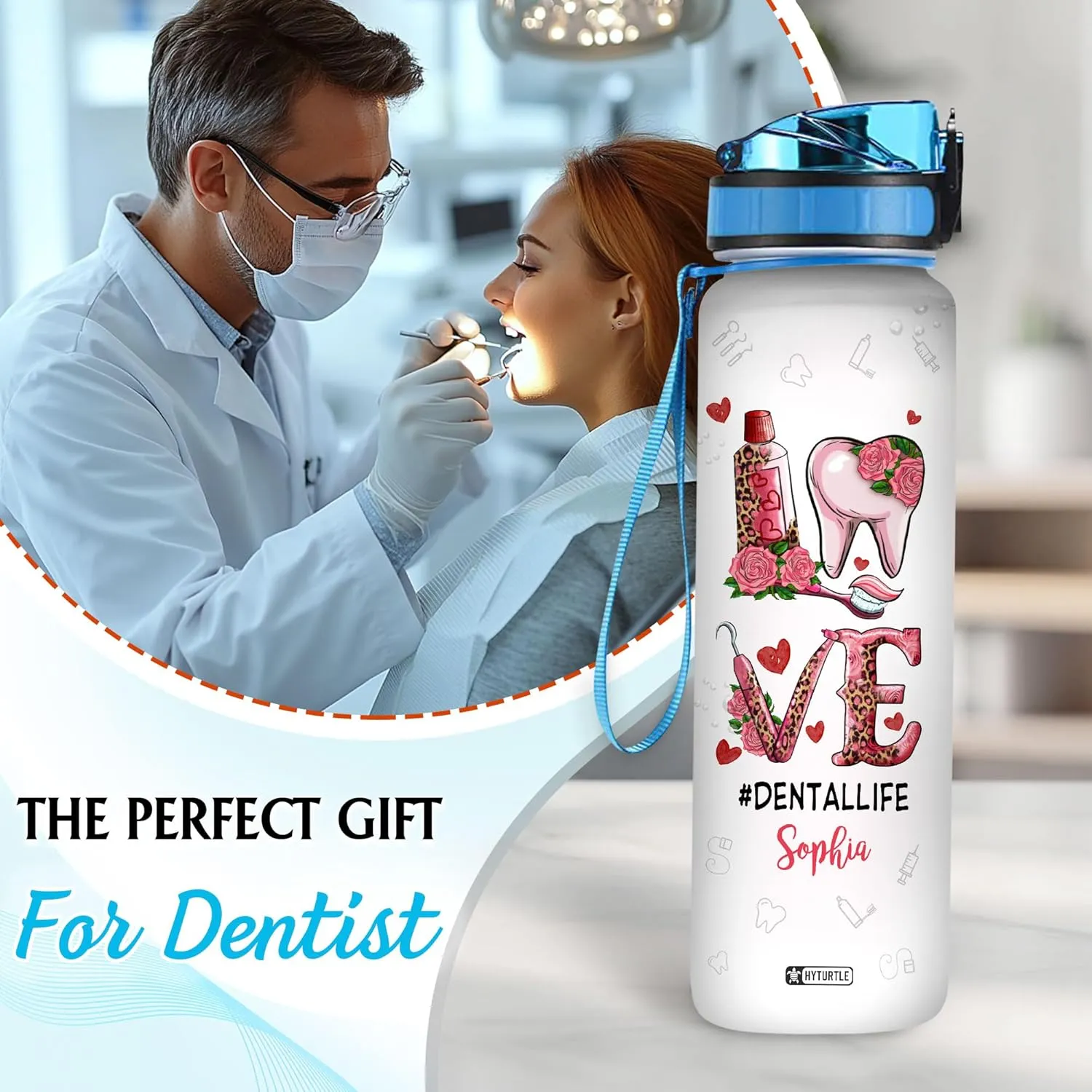 Hyturtle Personalized Love Dental Life Water Bottle - 32oz Motivational Water Bottle with Leak-Proof Lid Time Marker - Custom Name Gift for Dentists, Dental Hygienists On Birthday Christmas