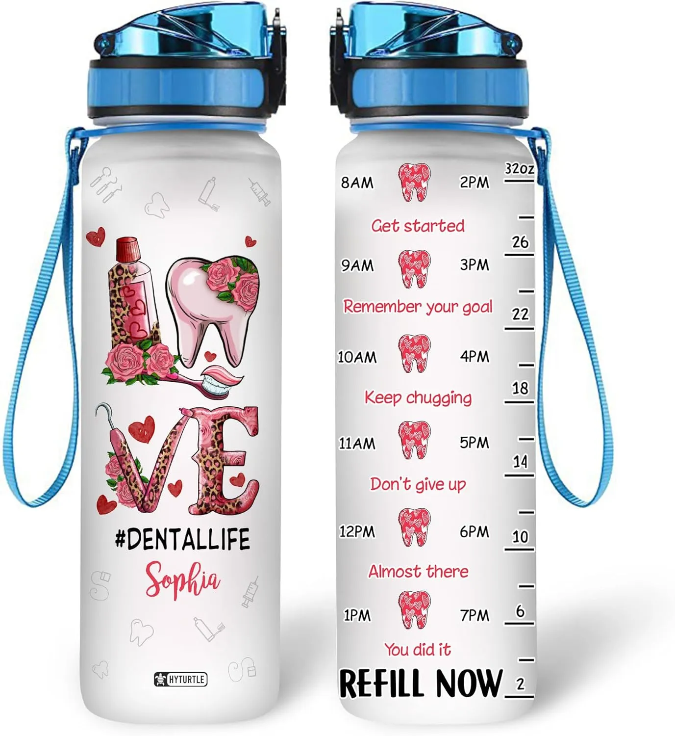 Hyturtle Personalized Love Dental Life Water Bottle - 32oz Motivational Water Bottle with Leak-Proof Lid Time Marker - Custom Name Gift for Dentists, Dental Hygienists On Birthday Christmas
