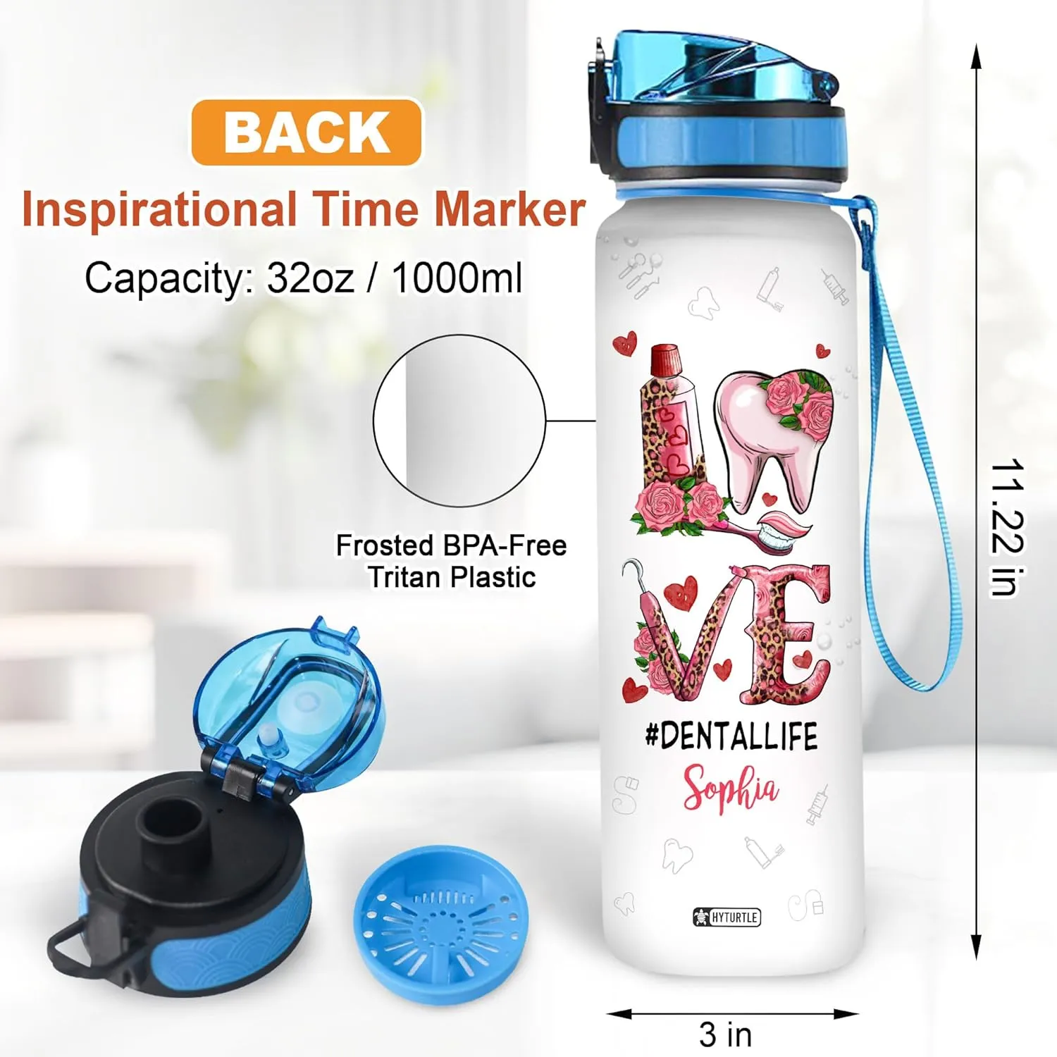 Hyturtle Personalized Love Dental Life Water Bottle - 32oz Motivational Water Bottle with Leak-Proof Lid Time Marker - Custom Name Gift for Dentists, Dental Hygienists On Birthday Christmas