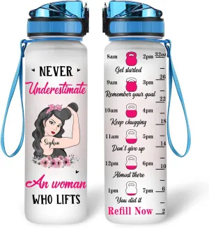 Hyturtle Personalized Never Underestimate An Woman Who Lifts Fitness 32Oz 1Liter Motivational Water Bottle, Customized Name With Time Marker Gifts For Women, Gym Lovers On Birthday, Anniversary
