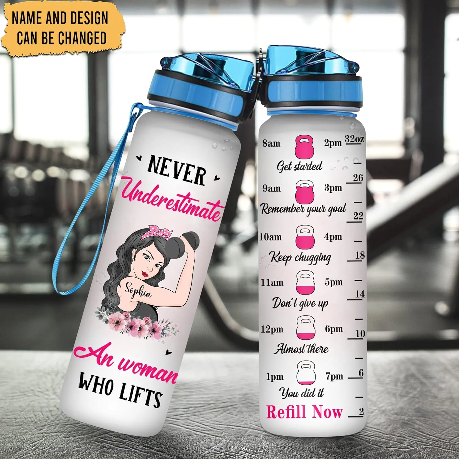 Hyturtle Personalized Never Underestimate An Woman Who Lifts Fitness 32Oz 1Liter Motivational Water Bottle, Customized Name With Time Marker Gifts For Women, Gym Lovers On Birthday, Anniversary