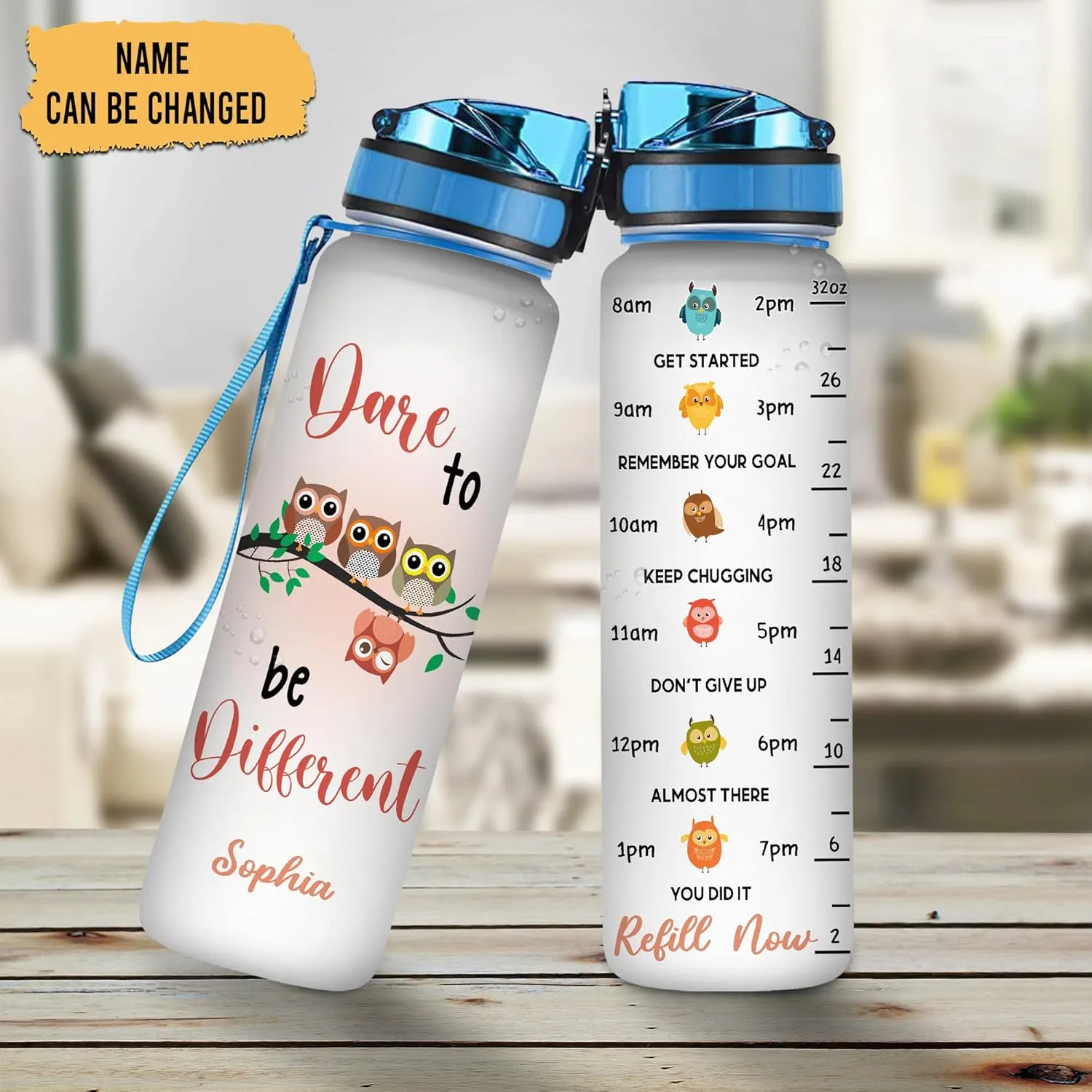 Hyturtle Personalized Owl Lovers 32 Oz 1Liter Motivational Water Bottle, Dare To Be Different Customized Name Water Bottle With Time Marker, Animal Gifts For Women Girl On Birthday, Mother Day's