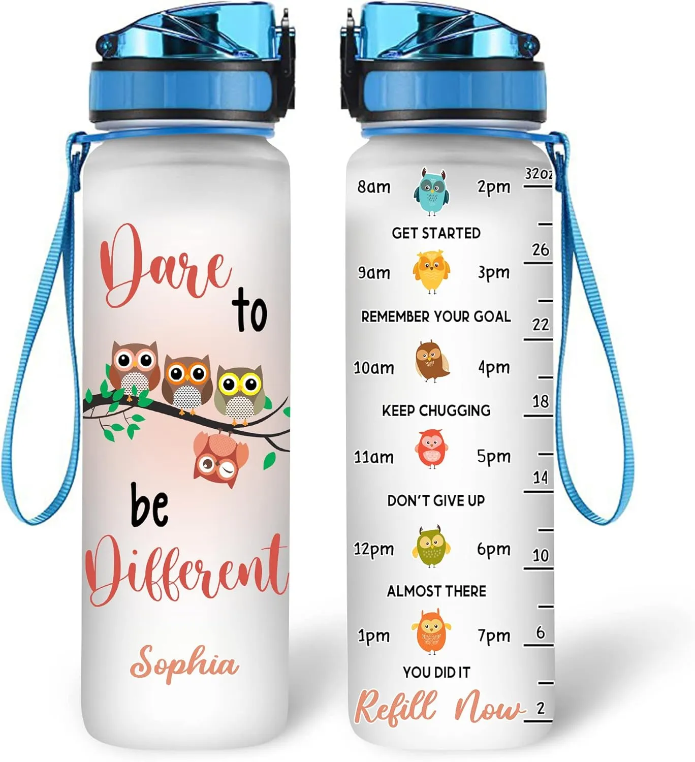 Hyturtle Personalized Owl Lovers 32 Oz 1Liter Motivational Water Bottle, Dare To Be Different Customized Name Water Bottle With Time Marker, Animal Gifts For Women Girl On Birthday, Mother Day's