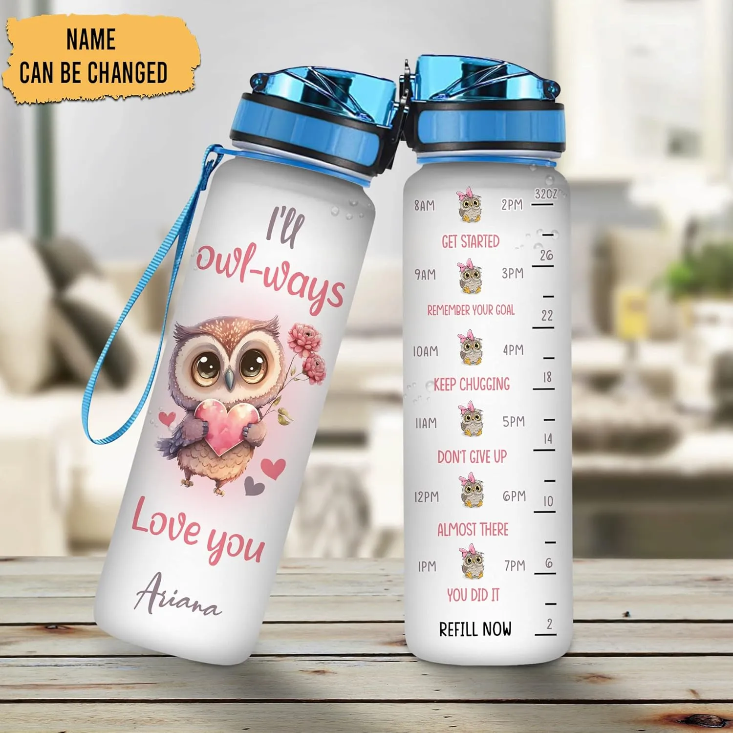 Hyturtle Personalized Owl Lovers 32 Oz 1Liter Motivational Water Bottle, I'll Owl-Way Love You Customized Name Water Bottle With Time Marker, Animal Gifts For Women Girl On Birthday, Mother Day's