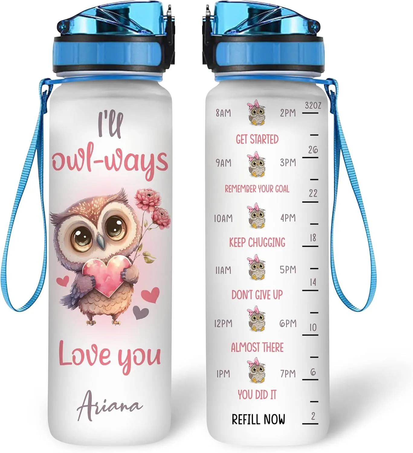 Hyturtle Personalized Owl Lovers 32 Oz 1Liter Motivational Water Bottle, I'll Owl-Way Love You Customized Name Water Bottle With Time Marker, Animal Gifts For Women Girl On Birthday, Mother Day's