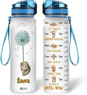 Hyturtle Personalized Sloth Water Bottle - 32oz Motivational Water Bottle with Leak-Proof Lid & Time Marker - Custom Name Gift for Sloth Lovers, Dandelion Lovers, Animal Lovers On Birthday Christmas