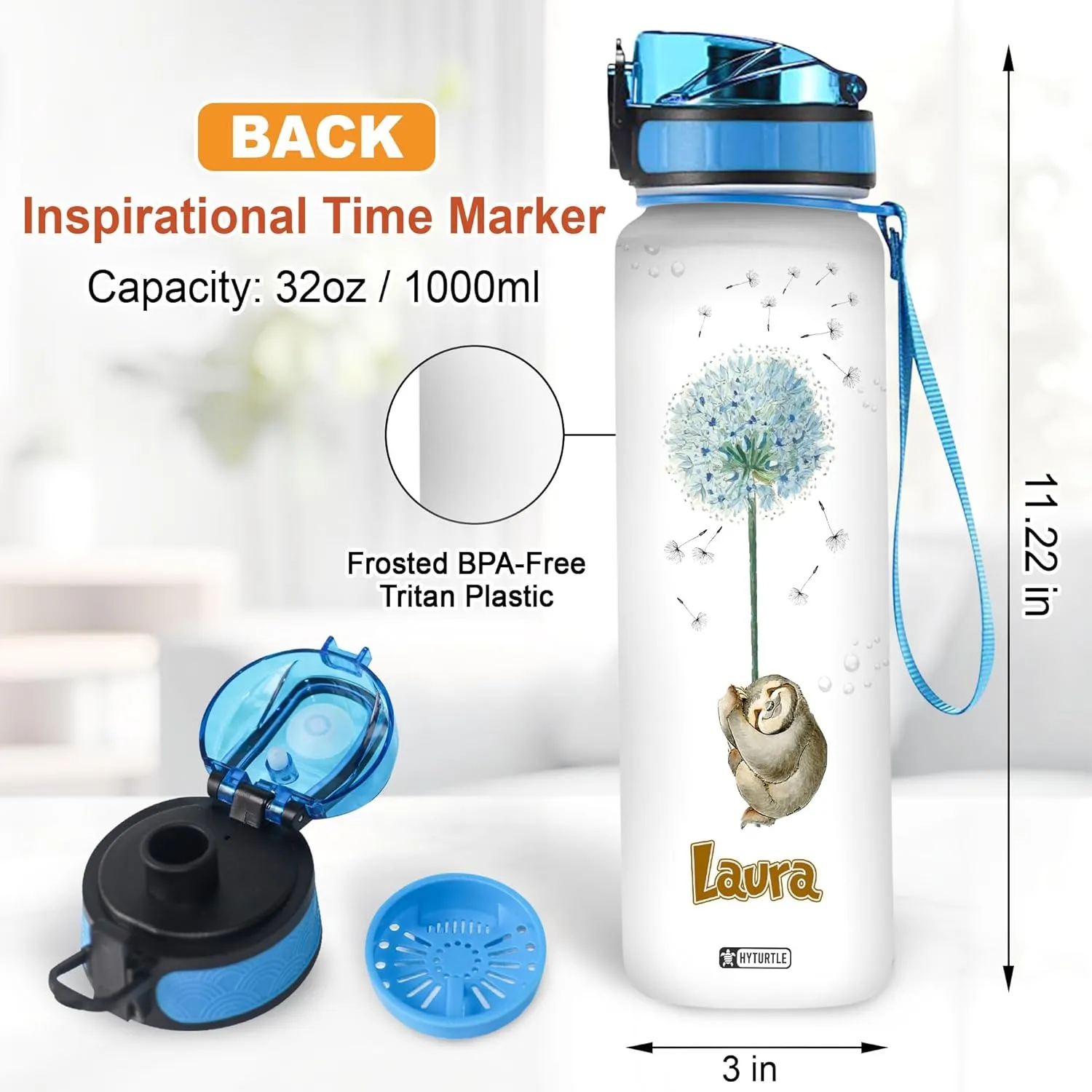 Hyturtle Personalized Sloth Water Bottle - 32oz Motivational Water Bottle with Leak-Proof Lid & Time Marker - Custom Name Gift for Sloth Lovers, Dandelion Lovers, Animal Lovers On Birthday Christmas