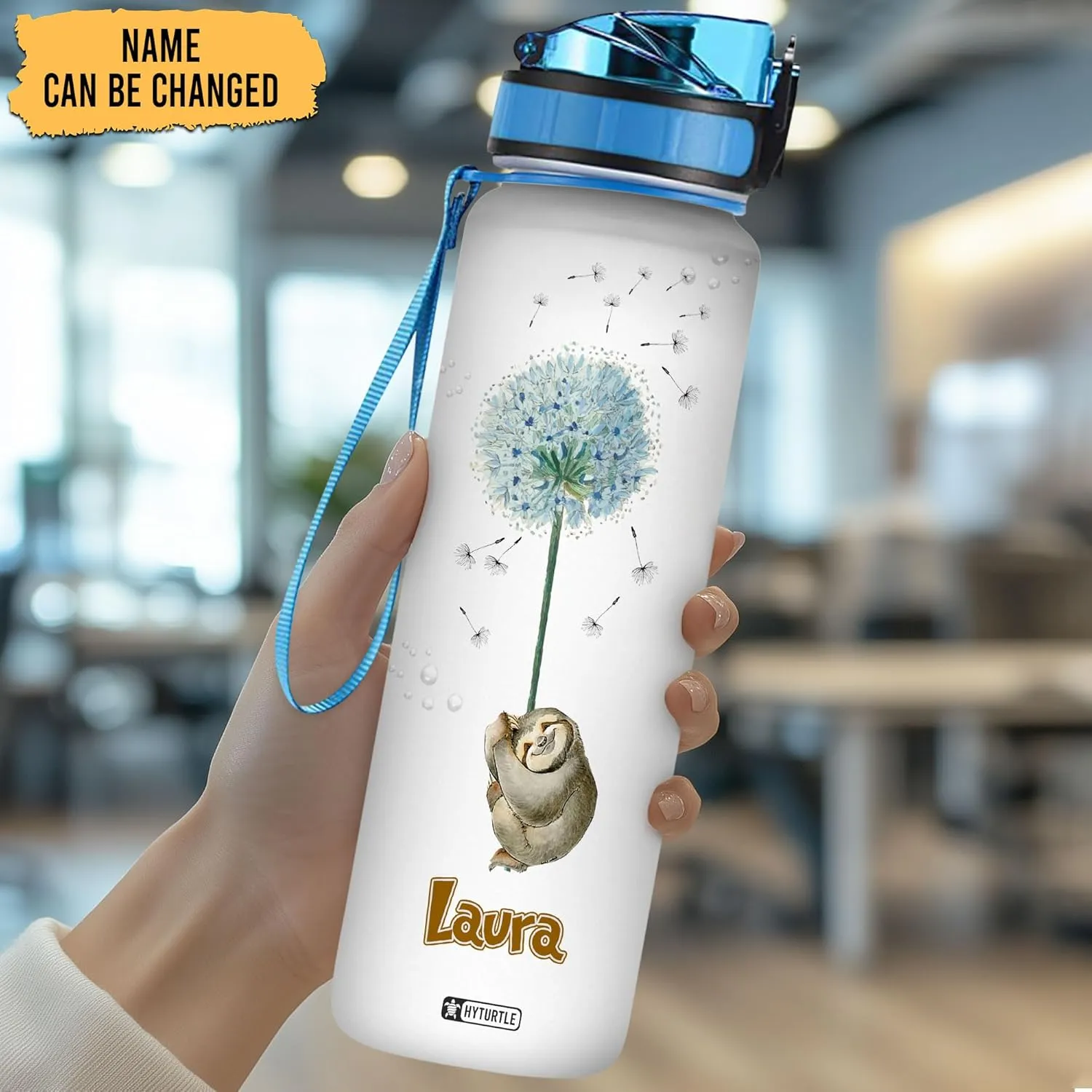 Hyturtle Personalized Sloth Water Bottle - 32oz Motivational Water Bottle with Leak-Proof Lid & Time Marker - Custom Name Gift for Sloth Lovers, Dandelion Lovers, Animal Lovers On Birthday Christmas