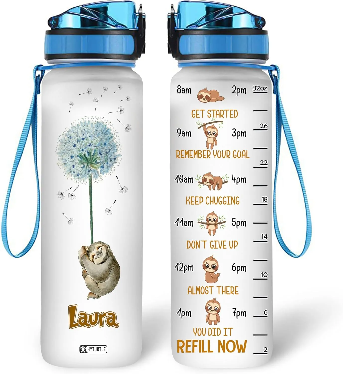 Hyturtle Personalized Sloth Water Bottle - 32oz Motivational Water Bottle with Leak-Proof Lid & Time Marker - Custom Name Gift for Sloth Lovers, Dandelion Lovers, Animal Lovers On Birthday Christmas