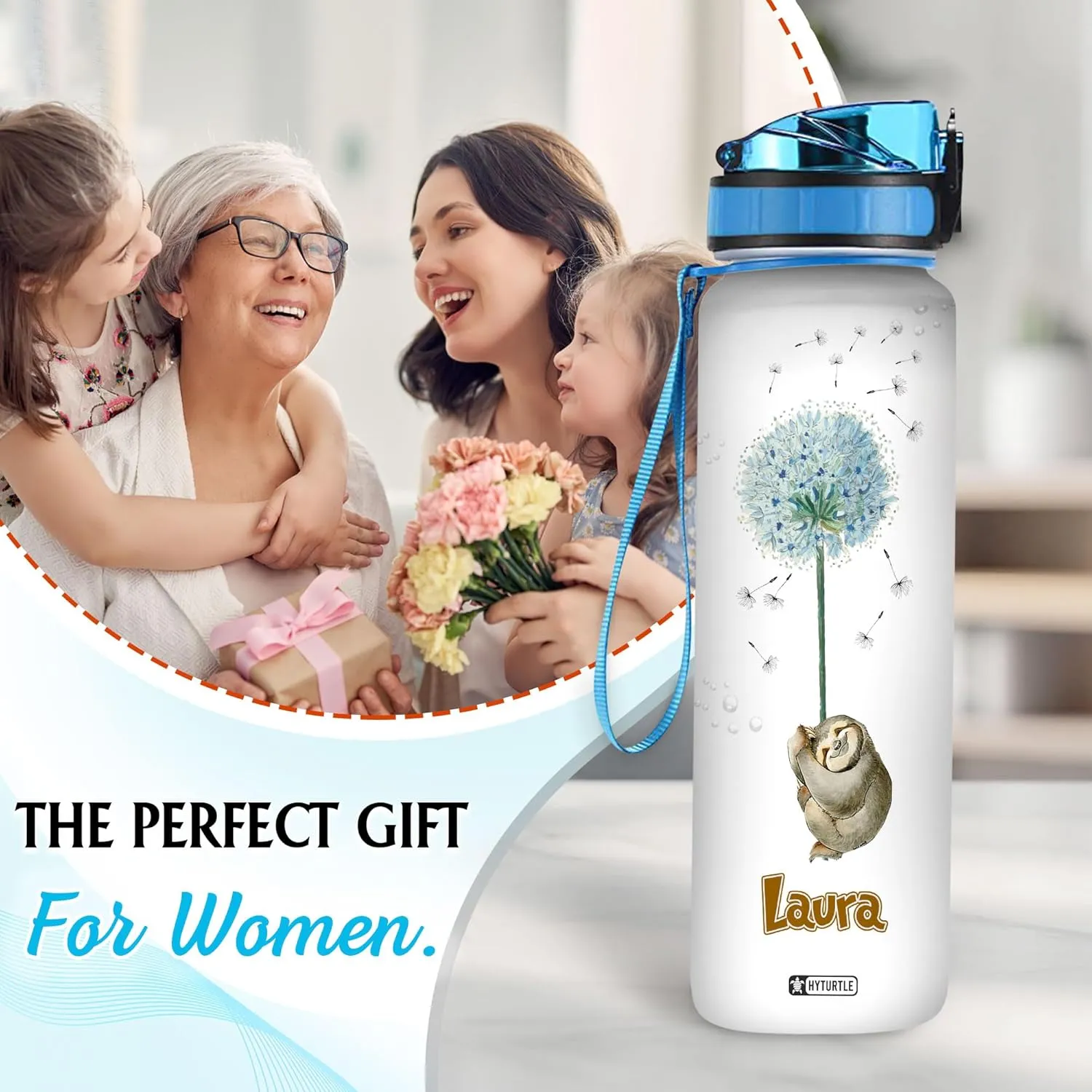 Hyturtle Personalized Sloth Water Bottle - 32oz Motivational Water Bottle with Leak-Proof Lid & Time Marker - Custom Name Gift for Sloth Lovers, Dandelion Lovers, Animal Lovers On Birthday Christmas