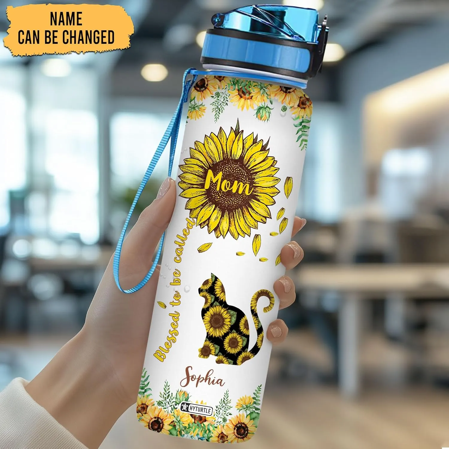 Hyturtle Personalized Sunflower Cat Water Bottle - 32oz Motivational Water Bottle with Leak-Proof Lid & Time Marker - Custom Name Sunflower Gift for Women Girls, Cat Lovers On Birthday Christmas
