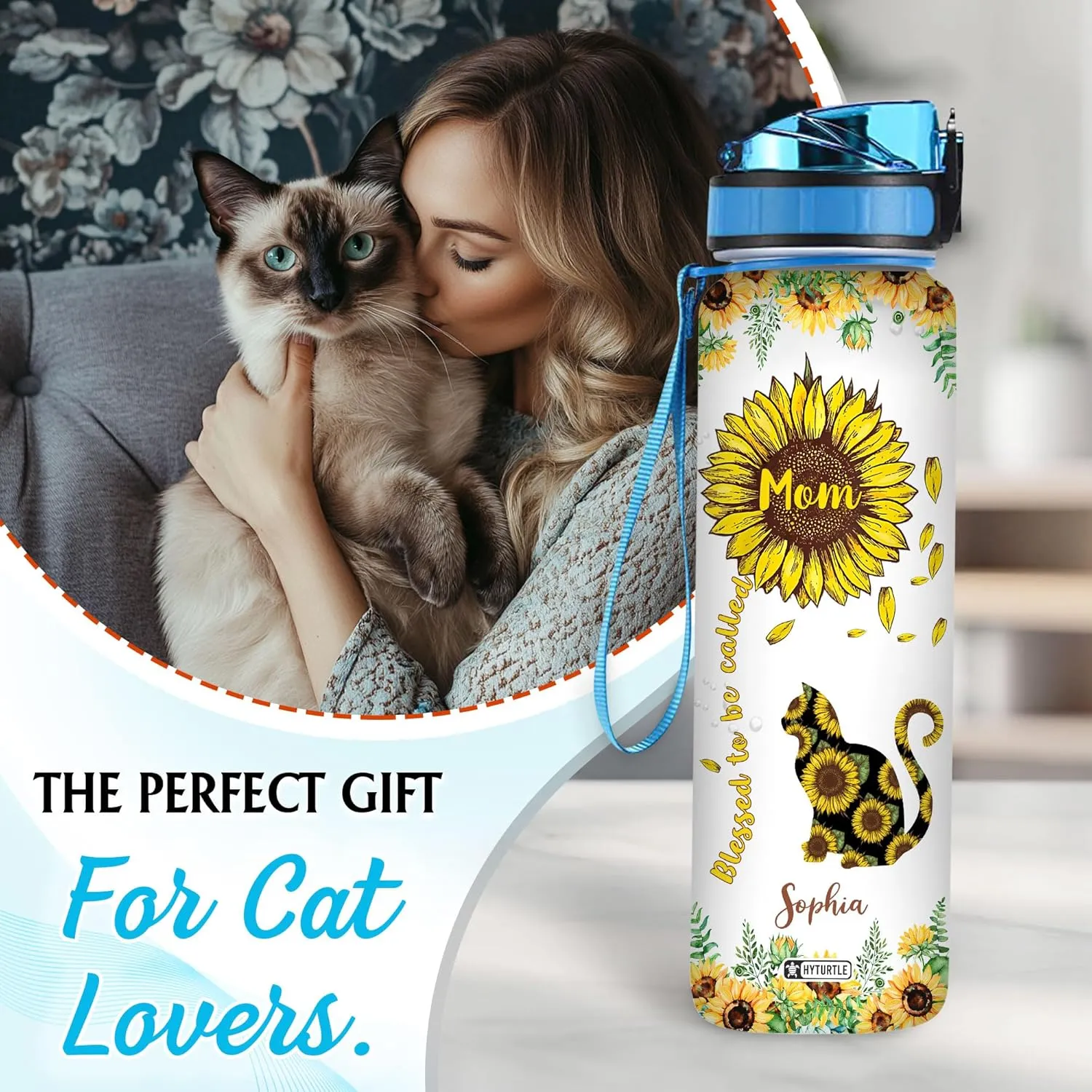 Hyturtle Personalized Sunflower Cat Water Bottle - 32oz Motivational Water Bottle with Leak-Proof Lid & Time Marker - Custom Name Sunflower Gift for Women Girls, Cat Lovers On Birthday Christmas