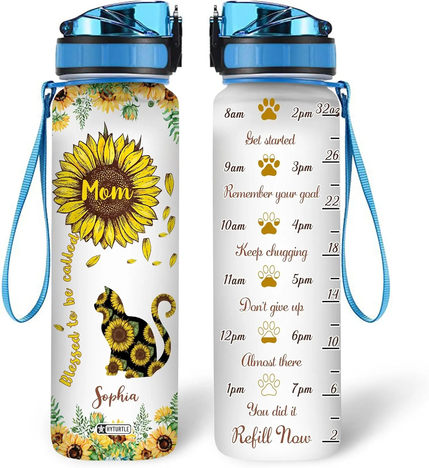 Hyturtle Personalized Sunflower Cat Water Bottle - 32oz Motivational Water Bottle with Leak-Proof Lid & Time Marker - Custom Name Sunflower Gift for Women Girls, Cat Lovers On Birthday Christmas