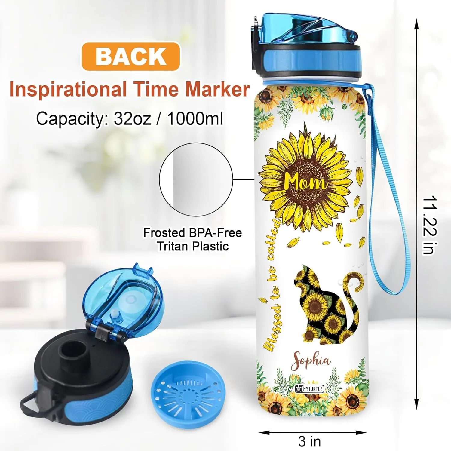 Hyturtle Personalized Sunflower Cat Water Bottle - 32oz Motivational Water Bottle with Leak-Proof Lid & Time Marker - Custom Name Sunflower Gift for Women Girls, Cat Lovers On Birthday Christmas