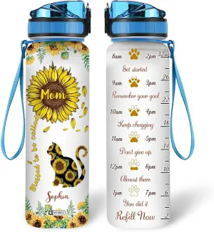 Hyturtle Personalized Sunflower Cat Water Bottle - 32oz Motivational Water Bottle with Leak-Proof Lid & Time Marker - Custom Name Sunflower Gift for Women Girls, Cat Lovers On Birthday Christmas