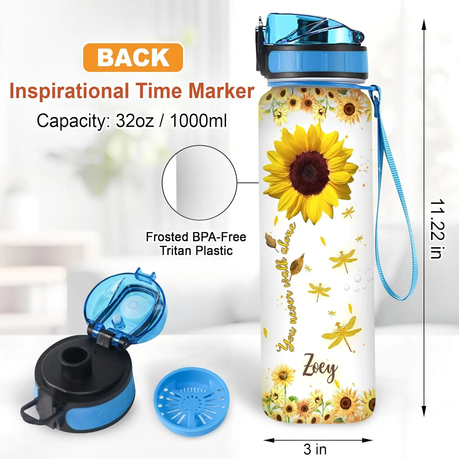 Hyturtle Personalized Sunflower Water Bottle - 32oz Motivational Water Bottle with Leak-Proof Lid & Time Marker - Custom Name Gift for Sunflower Lovers, Women Girls On Birthday Christmas