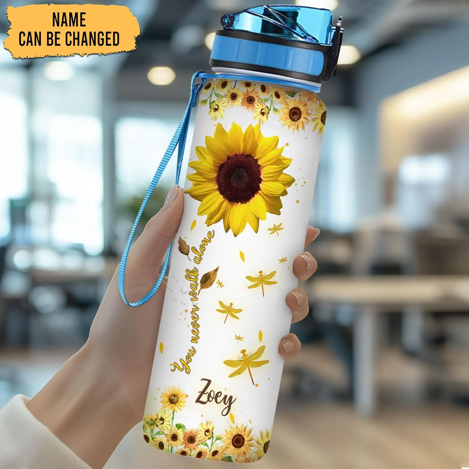 Hyturtle Personalized Sunflower Water Bottle - 32oz Motivational Water Bottle with Leak-Proof Lid & Time Marker - Custom Name Gift for Sunflower Lovers, Women Girls On Birthday Christmas