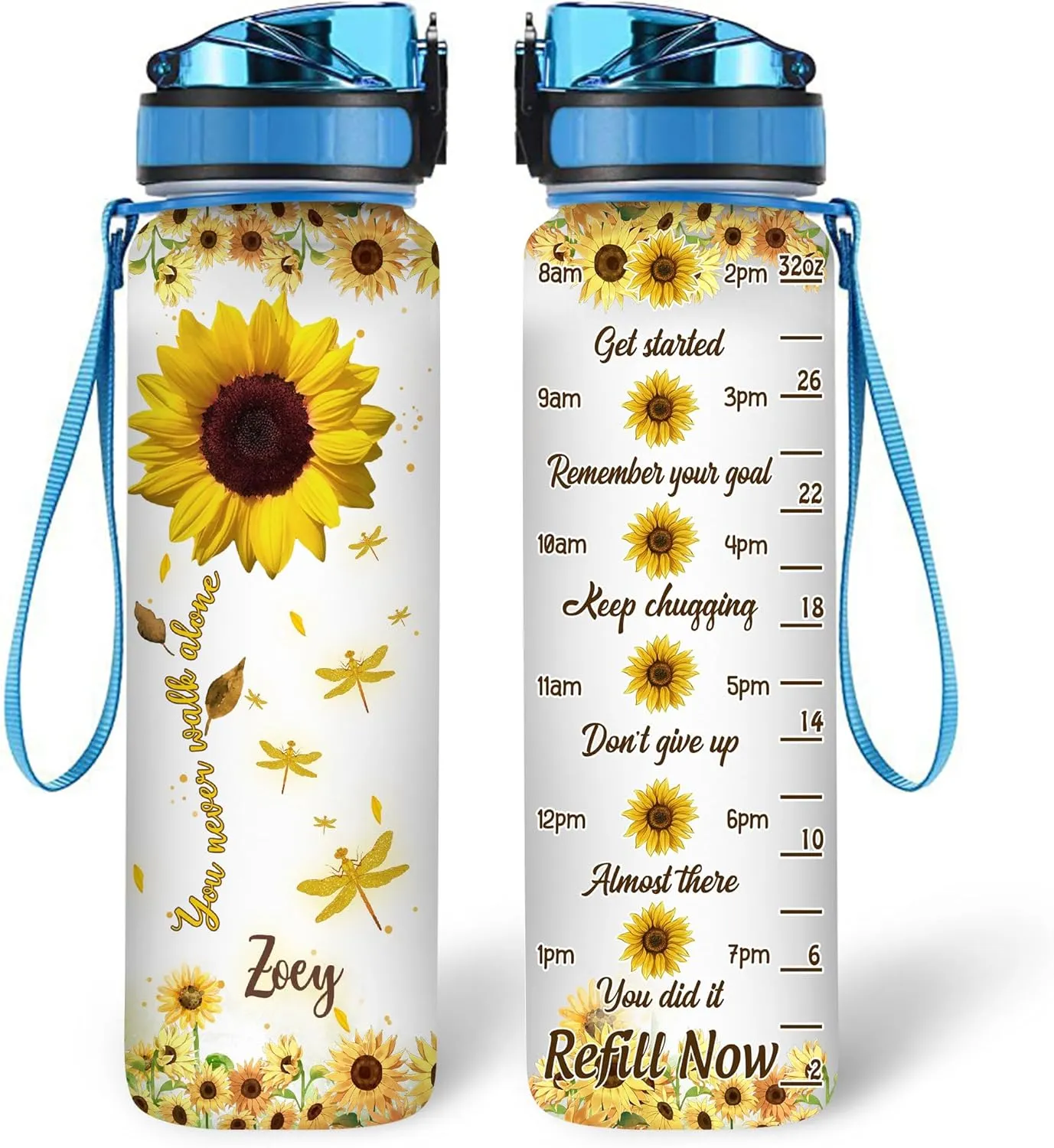 Hyturtle Personalized Sunflower Water Bottle - 32oz Motivational Water Bottle with Leak-Proof Lid & Time Marker - Custom Name Gift for Sunflower Lovers, Women Girls On Birthday Christmas