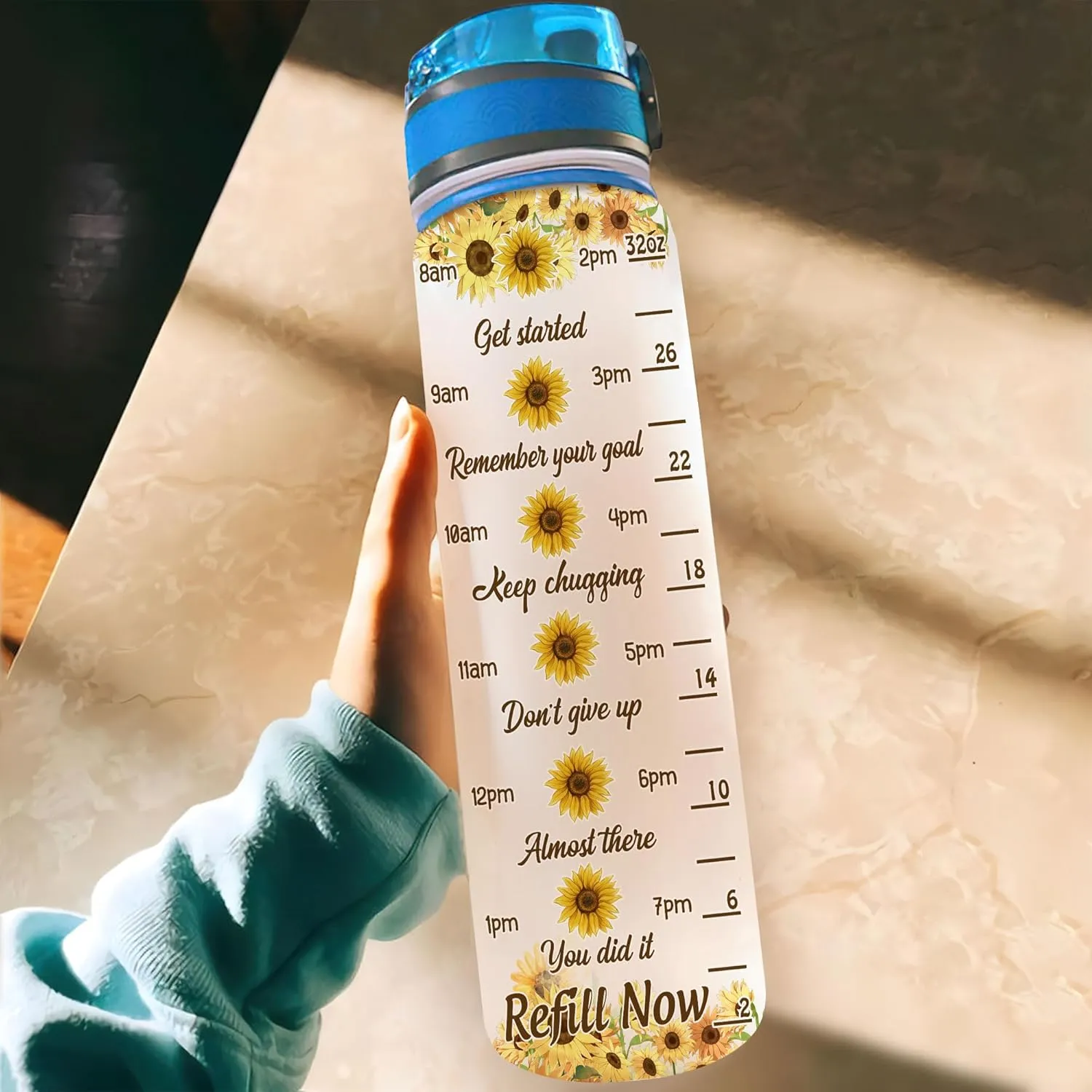 Hyturtle Personalized Sunflower Water Bottle - 32oz Motivational Water Bottle with Leak-Proof Lid & Time Marker - Custom Name Gift for Sunflower Lovers, Women Girls On Birthday Christmas