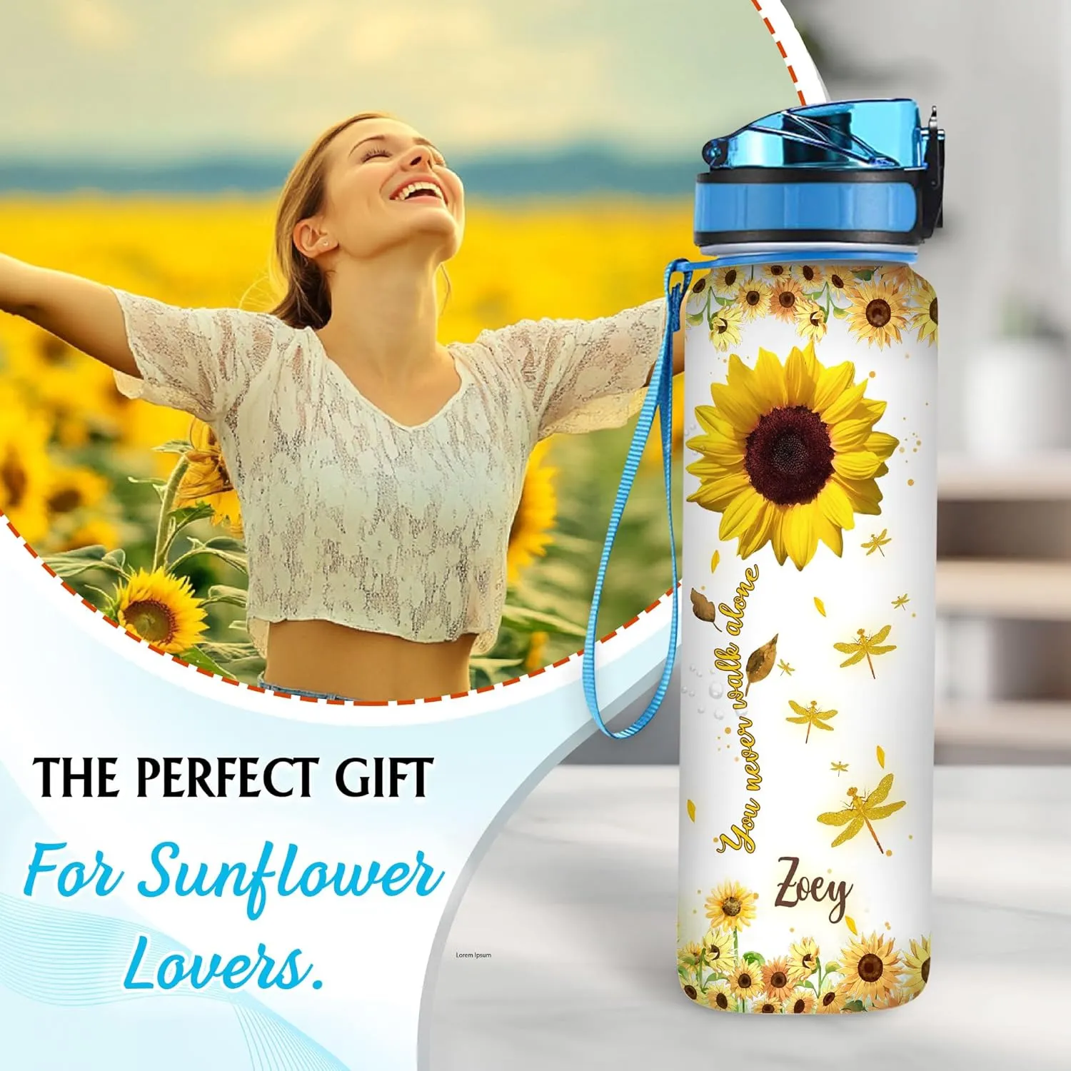Hyturtle Personalized Sunflower Water Bottle - 32oz Motivational Water Bottle with Leak-Proof Lid & Time Marker - Custom Name Gift for Sunflower Lovers, Women Girls On Birthday Christmas