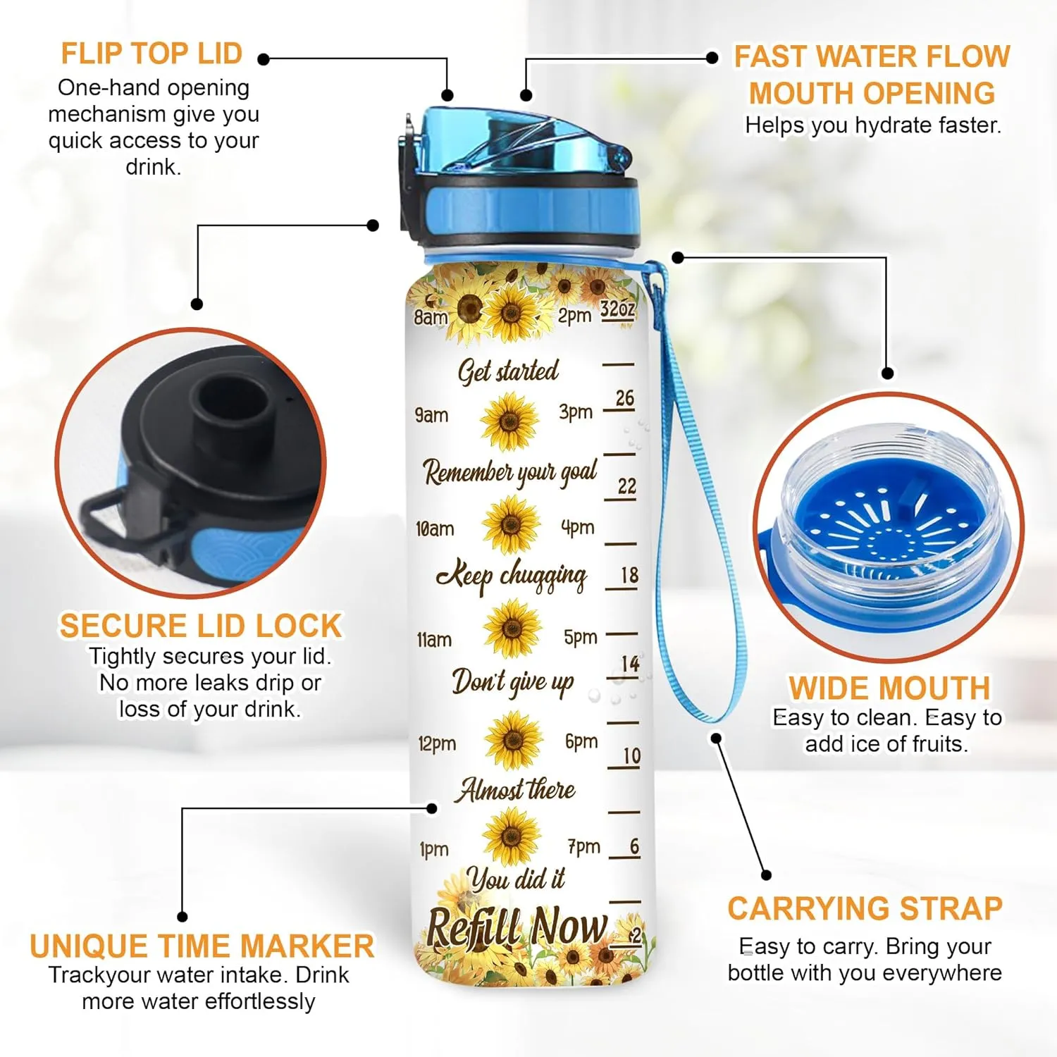 Hyturtle Personalized Sunflower Water Bottle - 32oz Motivational Water Bottle with Leak-Proof Lid & Time Marker - Custom Name Gift for Sunflower Lovers, Women Girls On Birthday Christmas