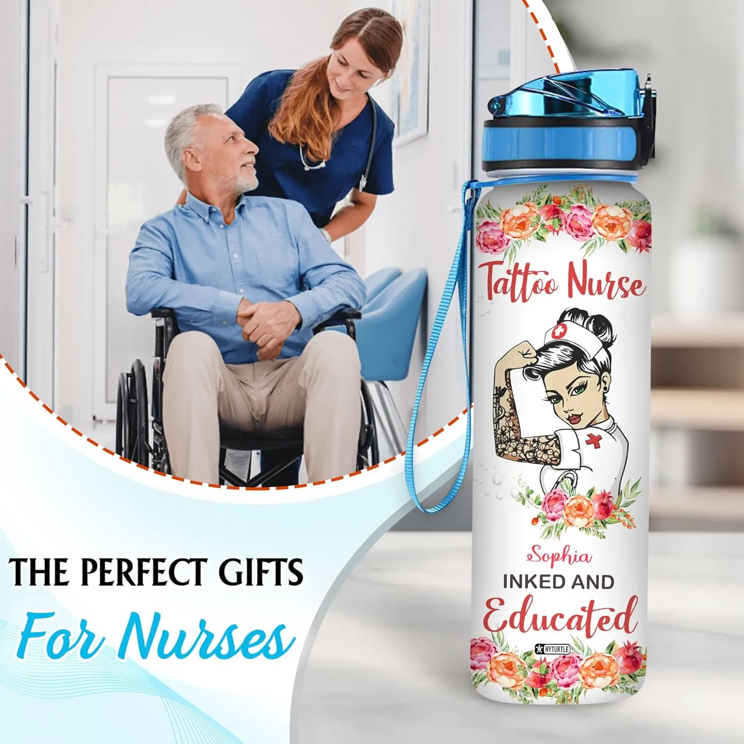 Hyturtle Personalized Tattoo Nurse Water Bottle - 32oz Motivational Water Bottle with Leak-Proof Lid Time Marker - Custom Name Gift for Women, Nursing Students, Nurse Coworkers On Birthday Nurse's Day