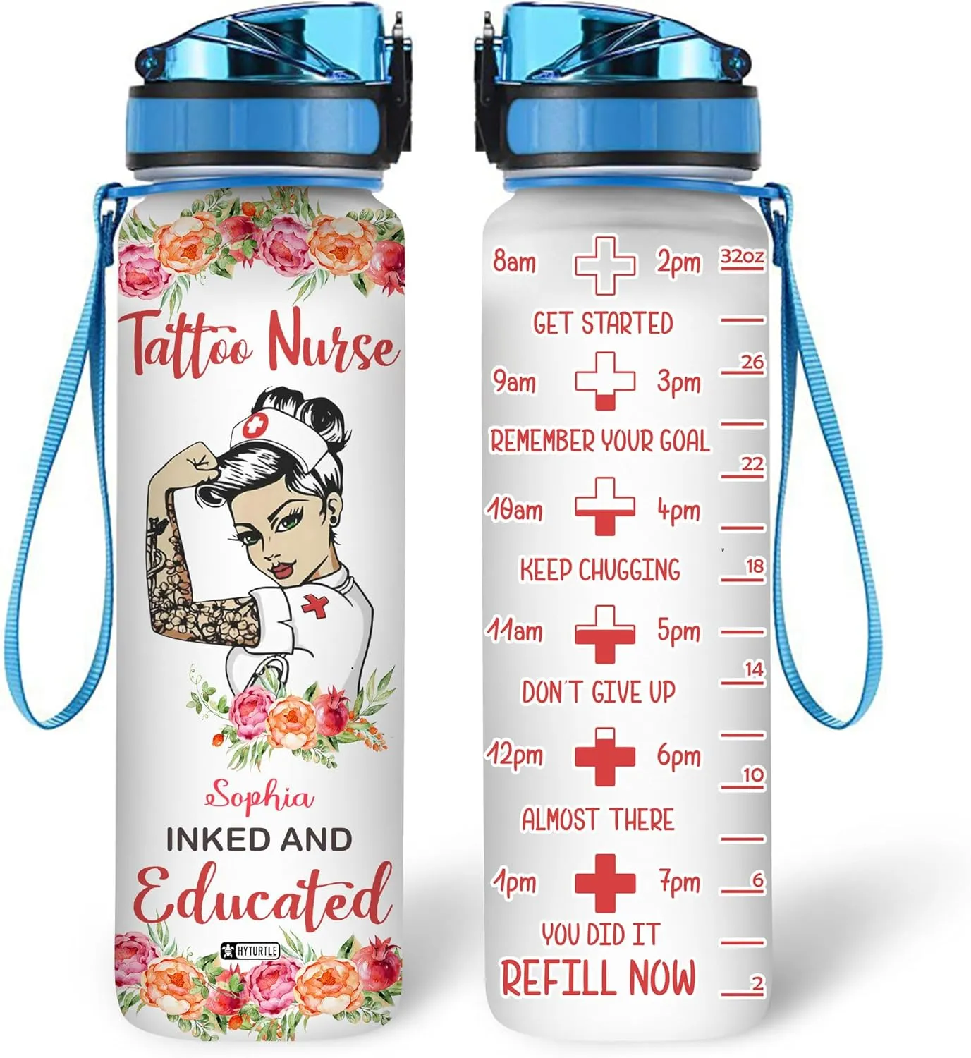 Hyturtle Personalized Tattoo Nurse Water Bottle - 32oz Motivational Water Bottle with Leak-Proof Lid Time Marker - Custom Name Gift for Women, Nursing Students, Nurse Coworkers On Birthday Nurse's Day