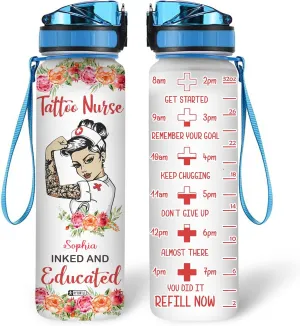 Hyturtle Personalized Tattoo Nurse Water Bottle - 32oz Motivational Water Bottle with Leak-Proof Lid Time Marker - Custom Name Gift for Women, Nursing Students, Nurse Coworkers On Birthday Nurse's Day