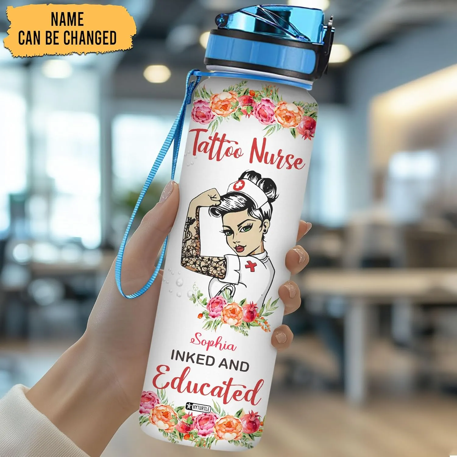 Hyturtle Personalized Tattoo Nurse Water Bottle - 32oz Motivational Water Bottle with Leak-Proof Lid Time Marker - Custom Name Gift for Women, Nursing Students, Nurse Coworkers On Birthday Nurse's Day