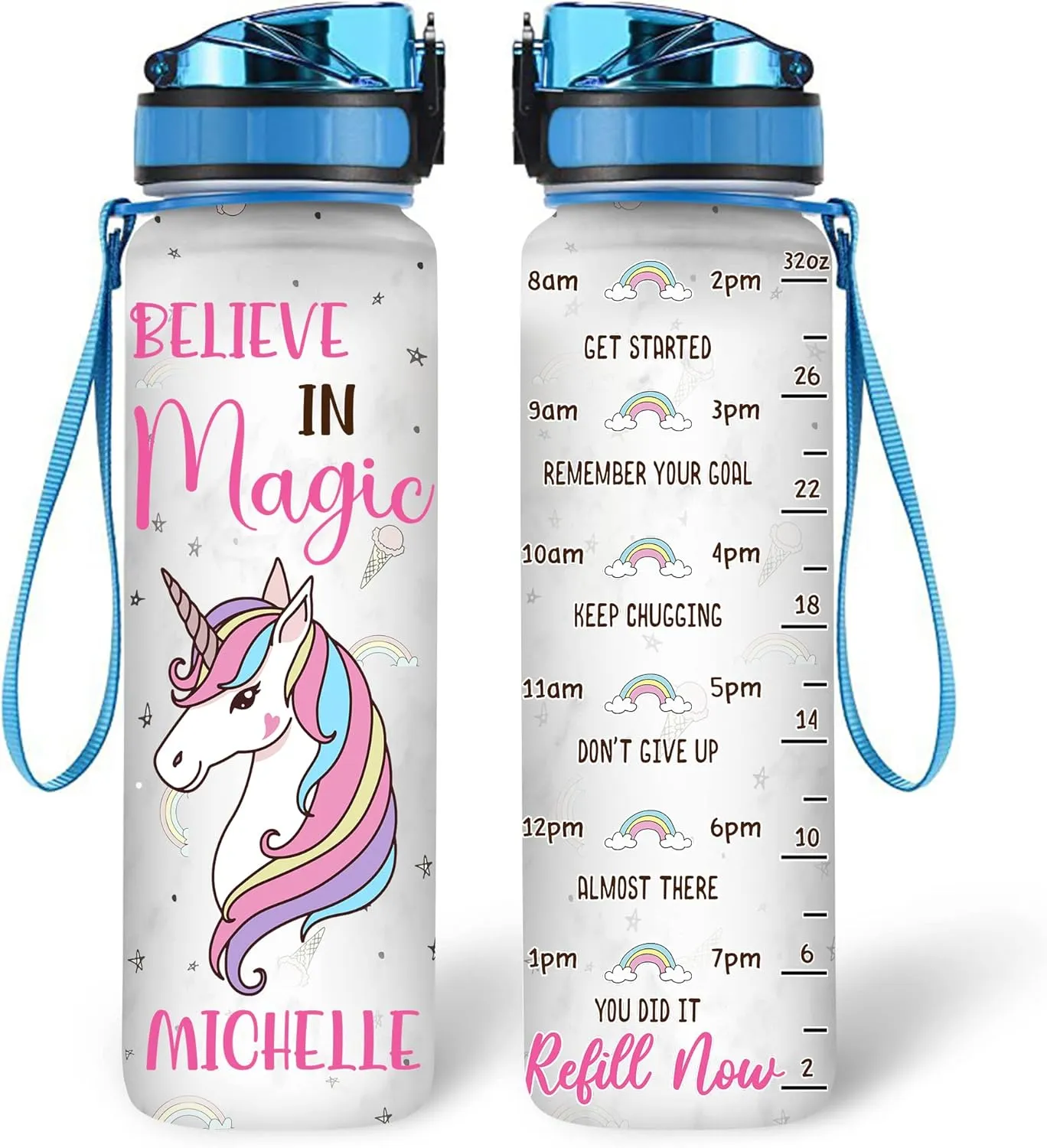 Hyturtle Personalized Unicorn Lovers Water Bottles For Girls - Believe In Magic Customized Name 32oz 1Liter Motivational Water Bottle, Unicorn Lovers Gifts Cute Kid For School, Birthday
