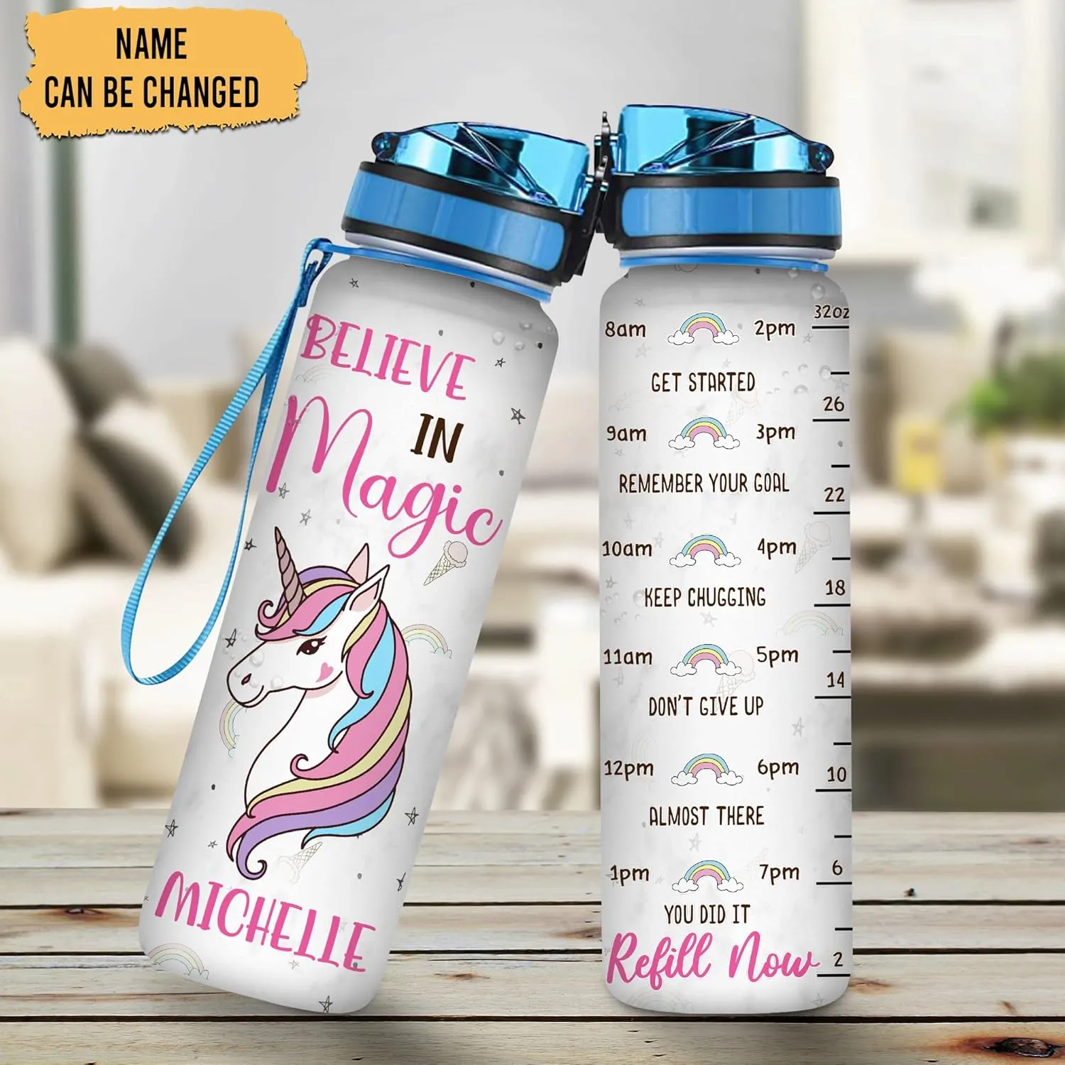Hyturtle Personalized Unicorn Lovers Water Bottles For Girls - Believe In Magic Customized Name 32oz 1Liter Motivational Water Bottle, Unicorn Lovers Gifts Cute Kid For School, Birthday