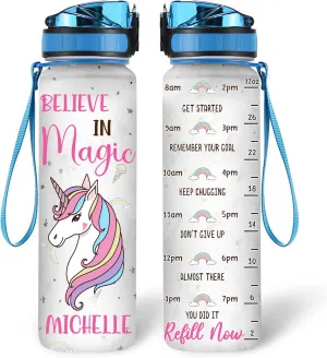 Hyturtle Personalized Unicorn Lovers Water Bottles For Girls - Believe In Magic Customized Name 32oz 1Liter Motivational Water Bottle, Unicorn Lovers Gifts Cute Kid For School, Birthday