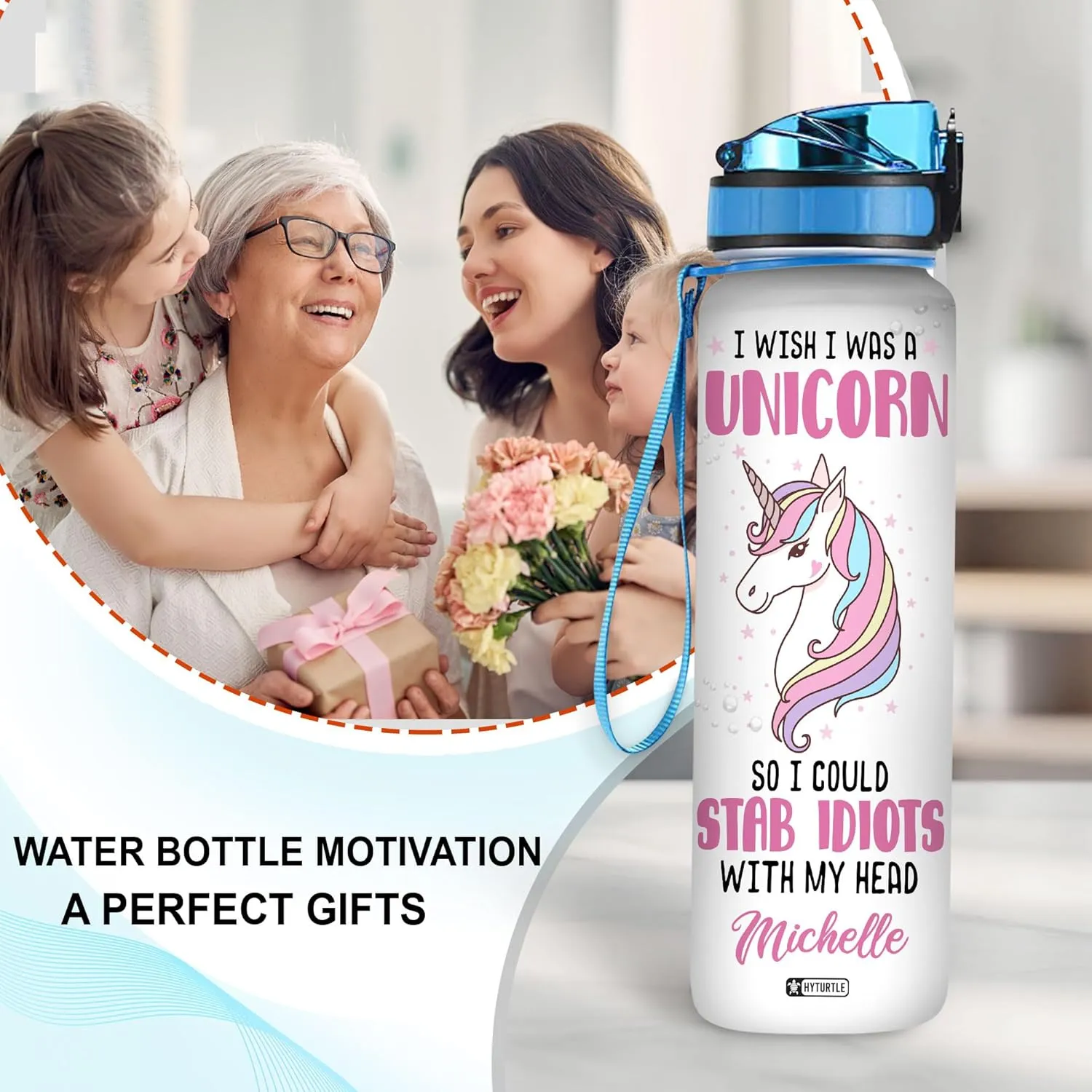 Hyturtle Personalized Unicorn Lovers Water Bottles For Girls - I Wish I Was A Unicorn Customized Name 32oz 1Liter Motivational Water Bottle, Unicorn Lovers Gifts Cute Kid For School, Birthday