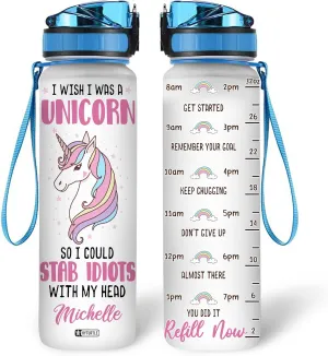 Hyturtle Personalized Unicorn Lovers Water Bottles For Girls - I Wish I Was A Unicorn Customized Name 32oz 1Liter Motivational Water Bottle, Unicorn Lovers Gifts Cute Kid For School, Birthday