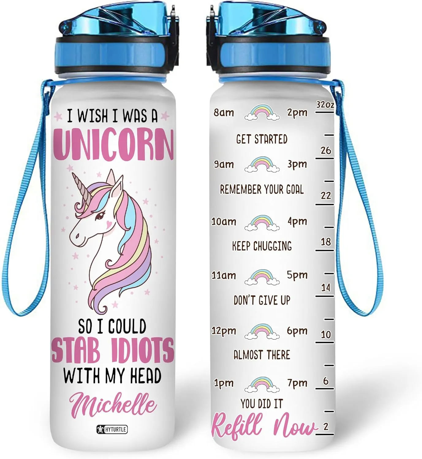 Hyturtle Personalized Unicorn Lovers Water Bottles For Girls - I Wish I Was A Unicorn Customized Name 32oz 1Liter Motivational Water Bottle, Unicorn Lovers Gifts Cute Kid For School, Birthday