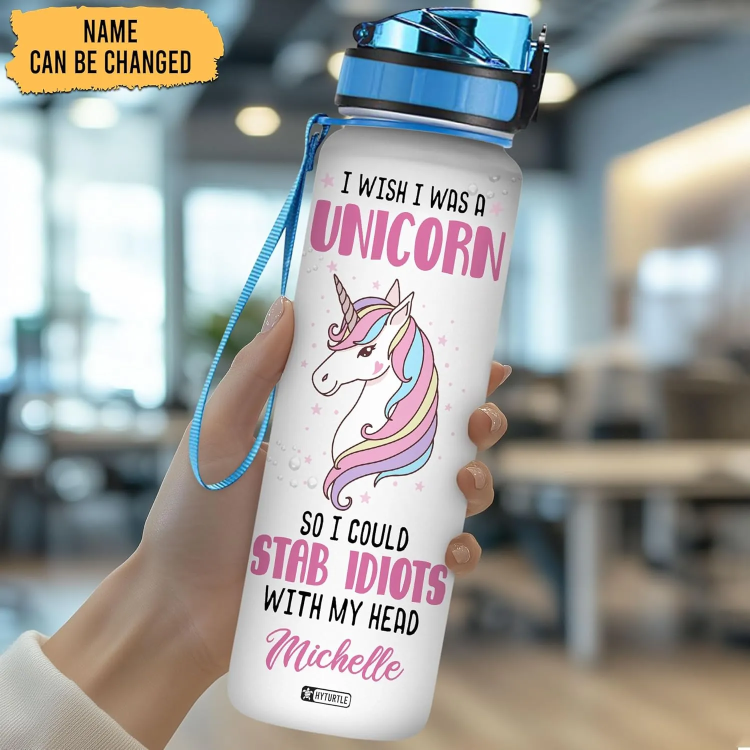 Hyturtle Personalized Unicorn Lovers Water Bottles For Girls - I Wish I Was A Unicorn Customized Name 32oz 1Liter Motivational Water Bottle, Unicorn Lovers Gifts Cute Kid For School, Birthday