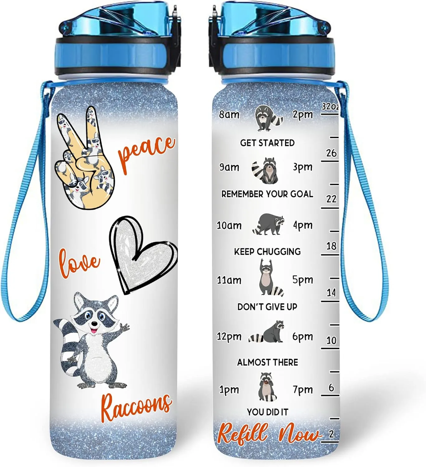 Hyturtle Raccoon Lovers Water Bottle - 32 Oz 1Liter Motivational Bottle With Time Marker, Cute Raccoons Gift For Animal Lovers, Women, Girls on Birthday, Mothers Day