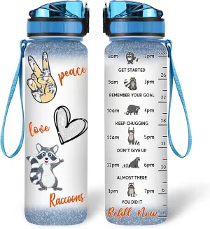 Hyturtle Raccoon Lovers Water Bottle - 32 Oz 1Liter Motivational Bottle With Time Marker, Cute Raccoons Gift For Animal Lovers, Women, Girls on Birthday, Mothers Day