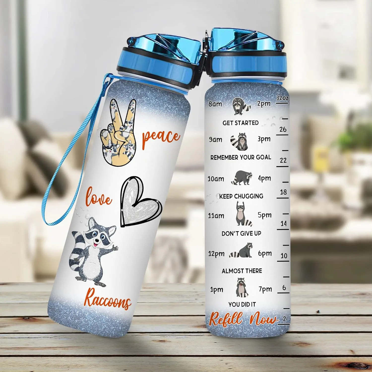 Hyturtle Raccoon Lovers Water Bottle - 32 Oz 1Liter Motivational Bottle With Time Marker, Cute Raccoons Gift For Animal Lovers, Women, Girls on Birthday, Mothers Day