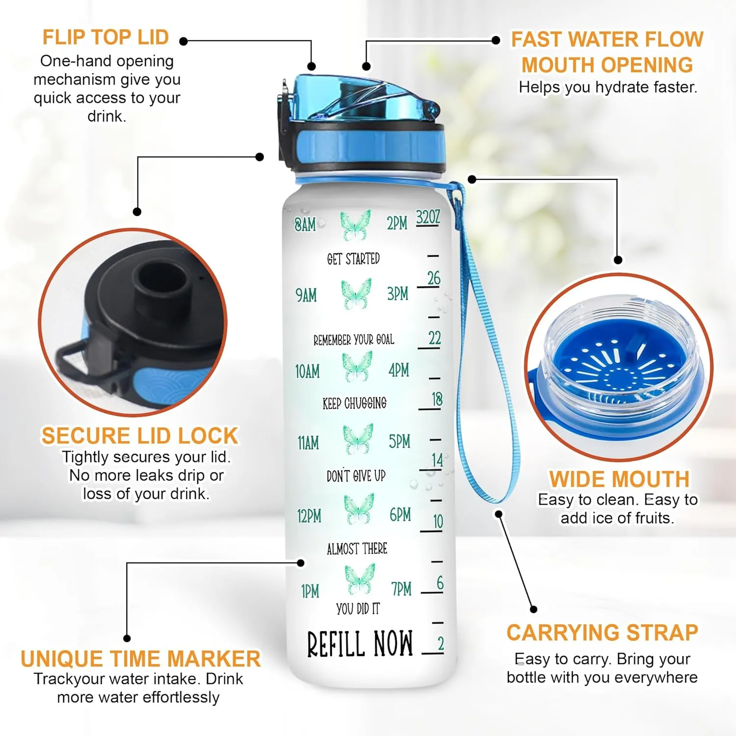 Hyturtle Your Wings Already Exits Butterfly 32oz Liter Motivational Water Bottle, Tracking Water Bottle Gifts For Women, Girls, Butterfly Lover On Birthday, Mother's Day, Anniversary