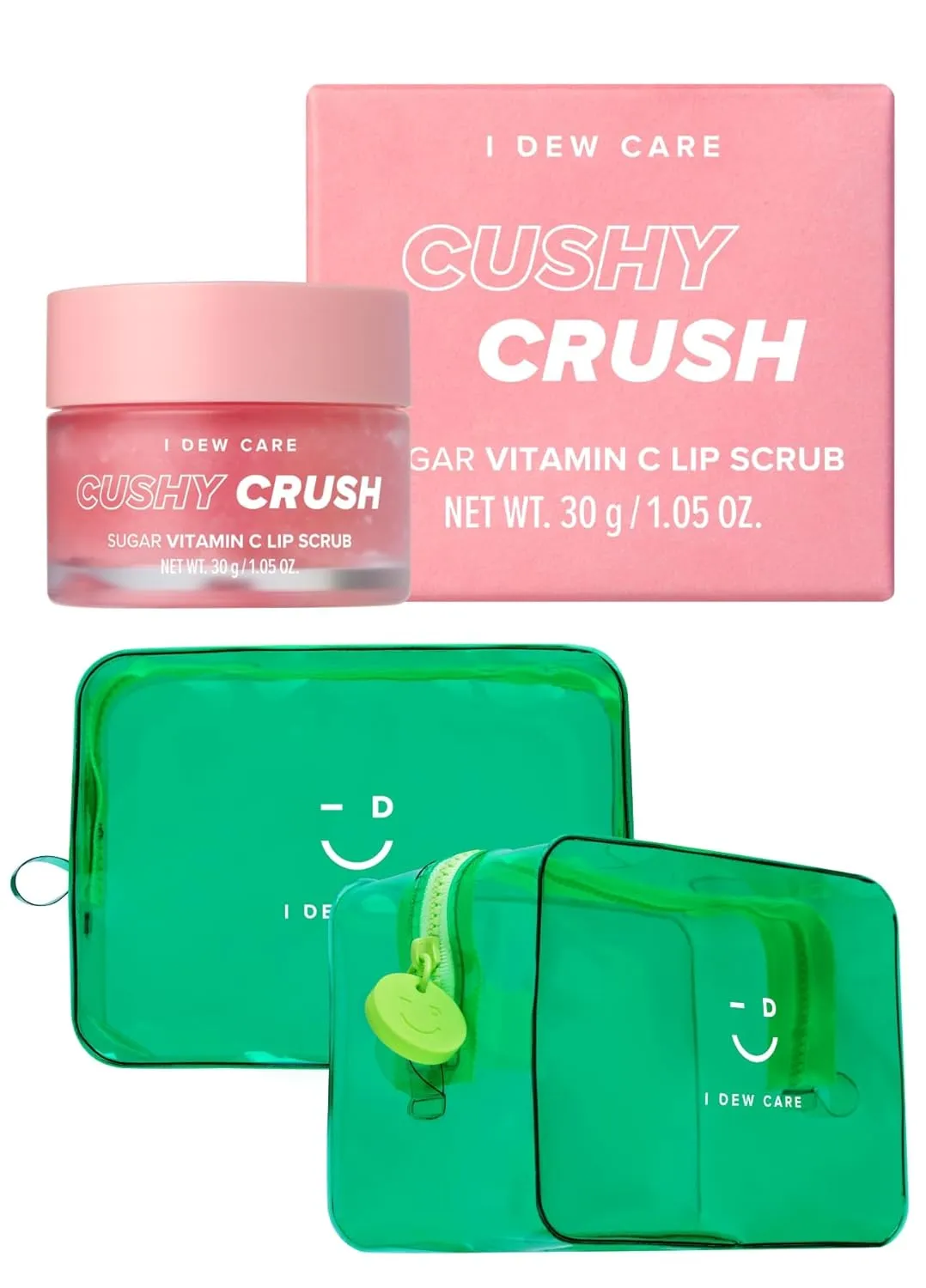 I DEW CARE Lip Scrub - Cushy Crush, 1.05 oz.   Green Pouch Bundle