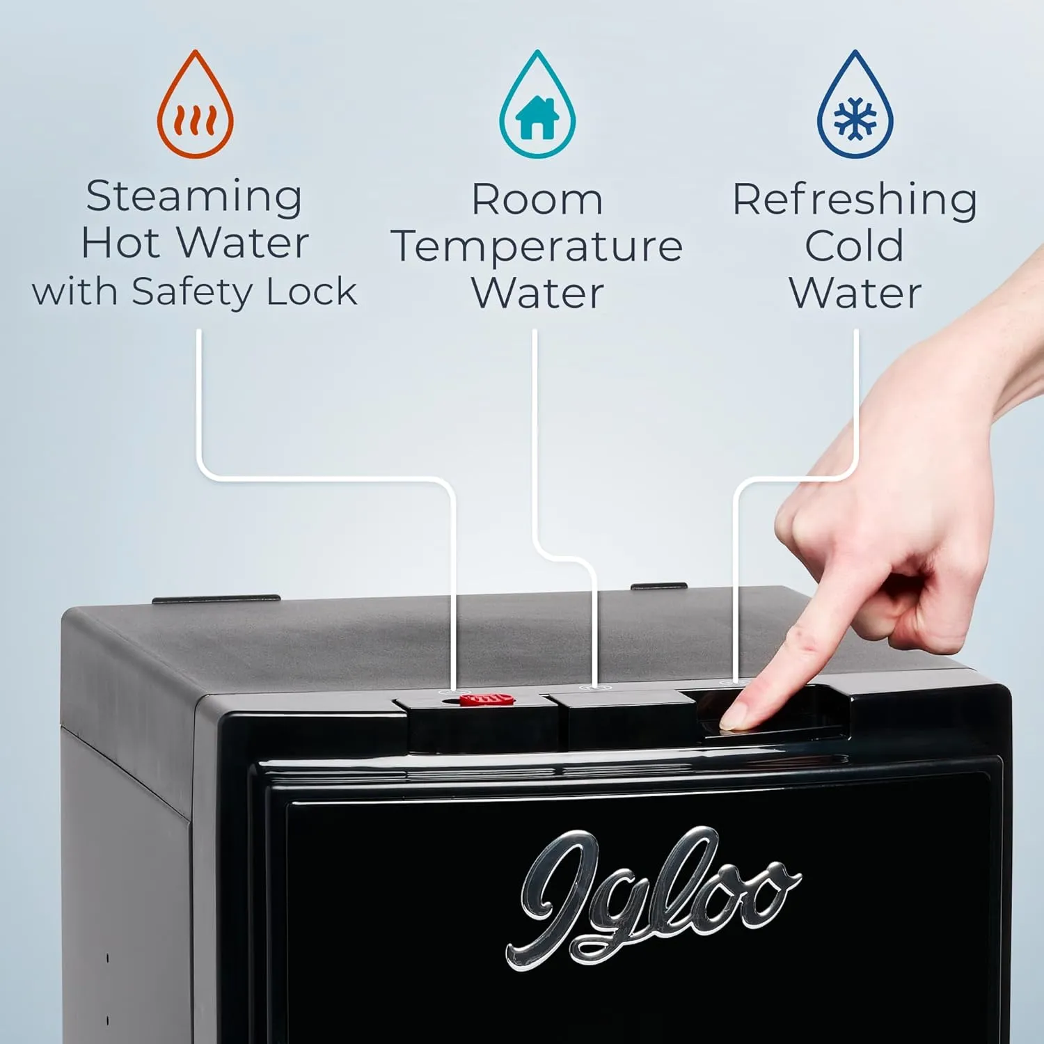 Igloo Retro Bottom Load Water Dispenser, Hot, Cold or Room-Temperature Options, Holds 3 or 5 Gallon Bottles, Child Safety Lock, Perfect for Homes, Kitchens, Dorms, Black