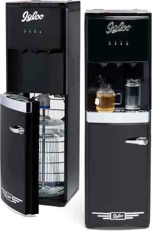 Igloo Retro Bottom Load Water Dispenser, Hot, Cold or Room-Temperature Options, Holds 3 or 5 Gallon Bottles, Child Safety Lock, Perfect for Homes, Kitchens, Dorms, Black