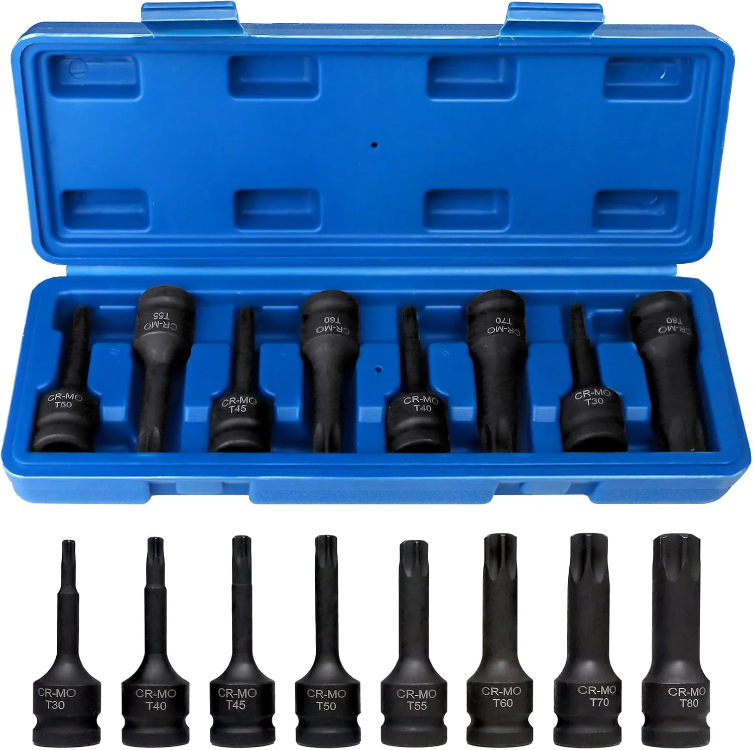 Impact Torx Socket Set 8 Pieces, T30 T40 T45 T50 T55 T60 T70 T80 Cr-Mo Impact Grade, 1/2" Drive Torx Bit Socket Set with Case