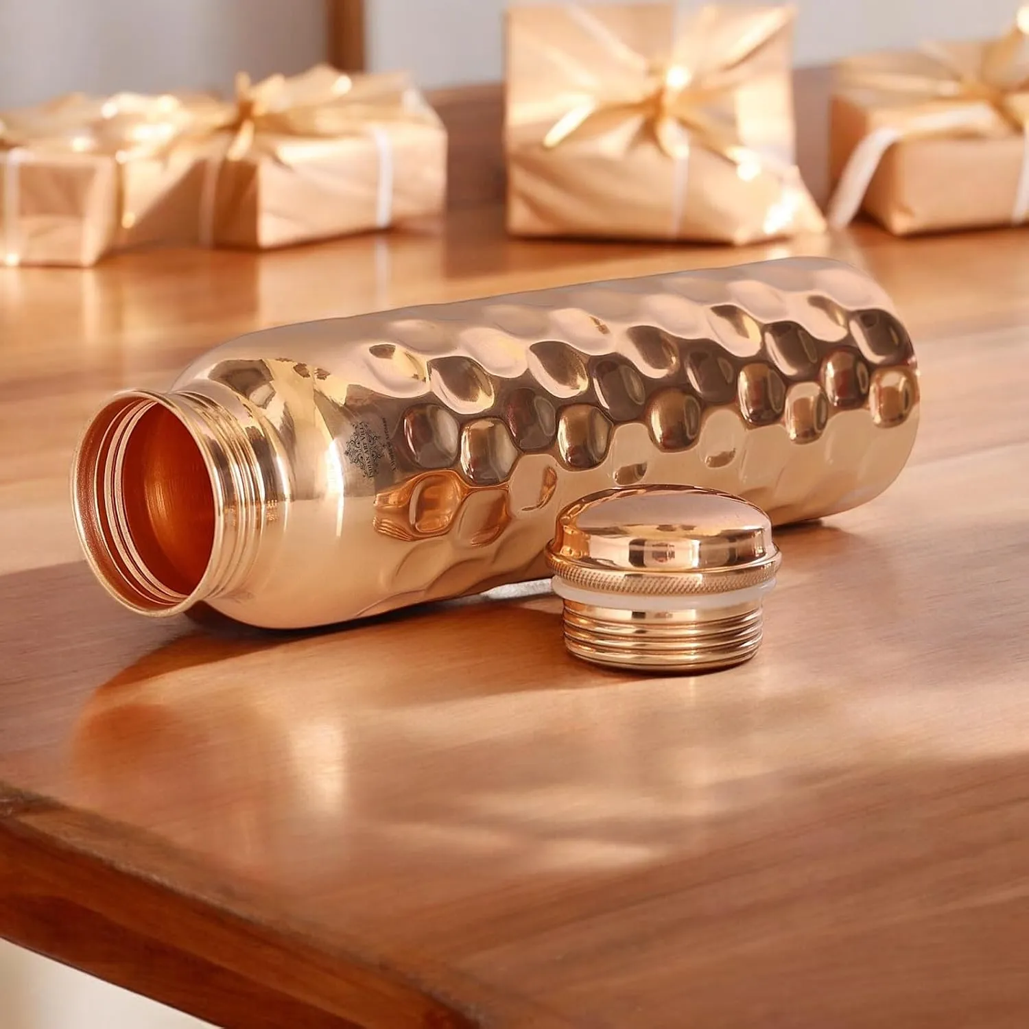 Indian Art Villa Copper Water Bottle - 34 Oz, Diamond Design, Mirror Shine, Lacquer Coated, Leak-Proof, Drinkware for Home, Office, Travel, Yoga, and Gifting