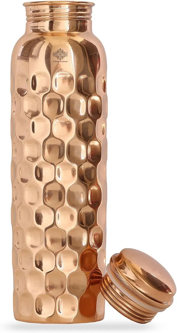 Indian Art Villa Copper Water Bottle - 34 Oz, Diamond Design, Mirror Shine, Lacquer Coated, Leak-Proof, Drinkware for Home, Office, Travel, Yoga, and Gifting