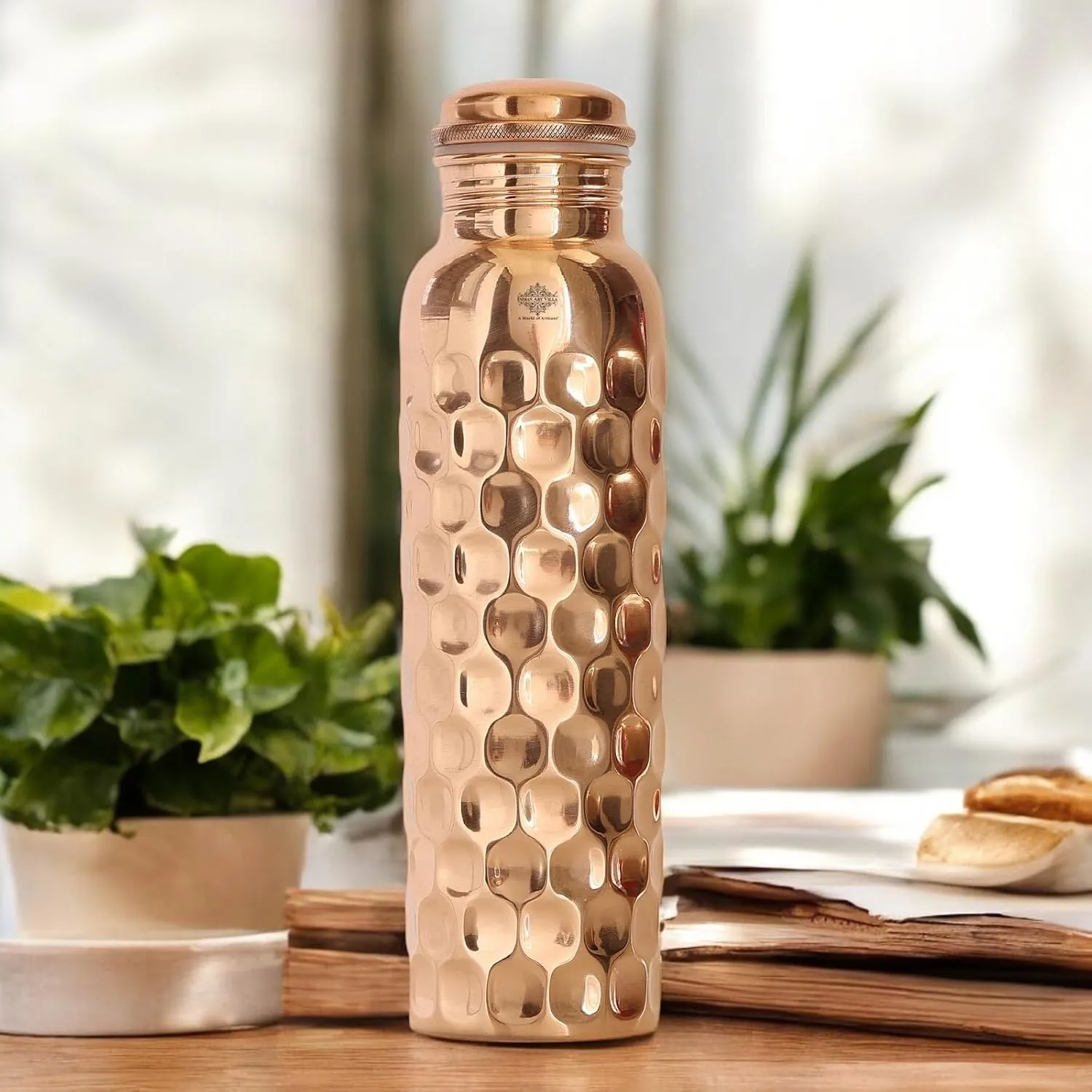 Indian Art Villa Copper Water Bottle - 34 Oz, Diamond Design, Mirror Shine, Lacquer Coated, Leak-Proof, Drinkware for Home, Office, Travel, Yoga, and Gifting